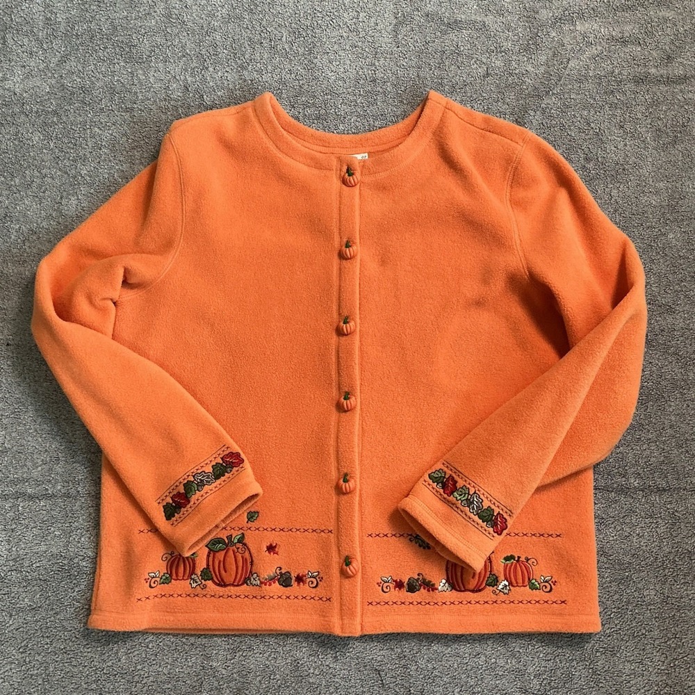 Fashion Bug Orange Fleece Pumpkin Cardigan XL Embroidered Fall Halloween Jacket